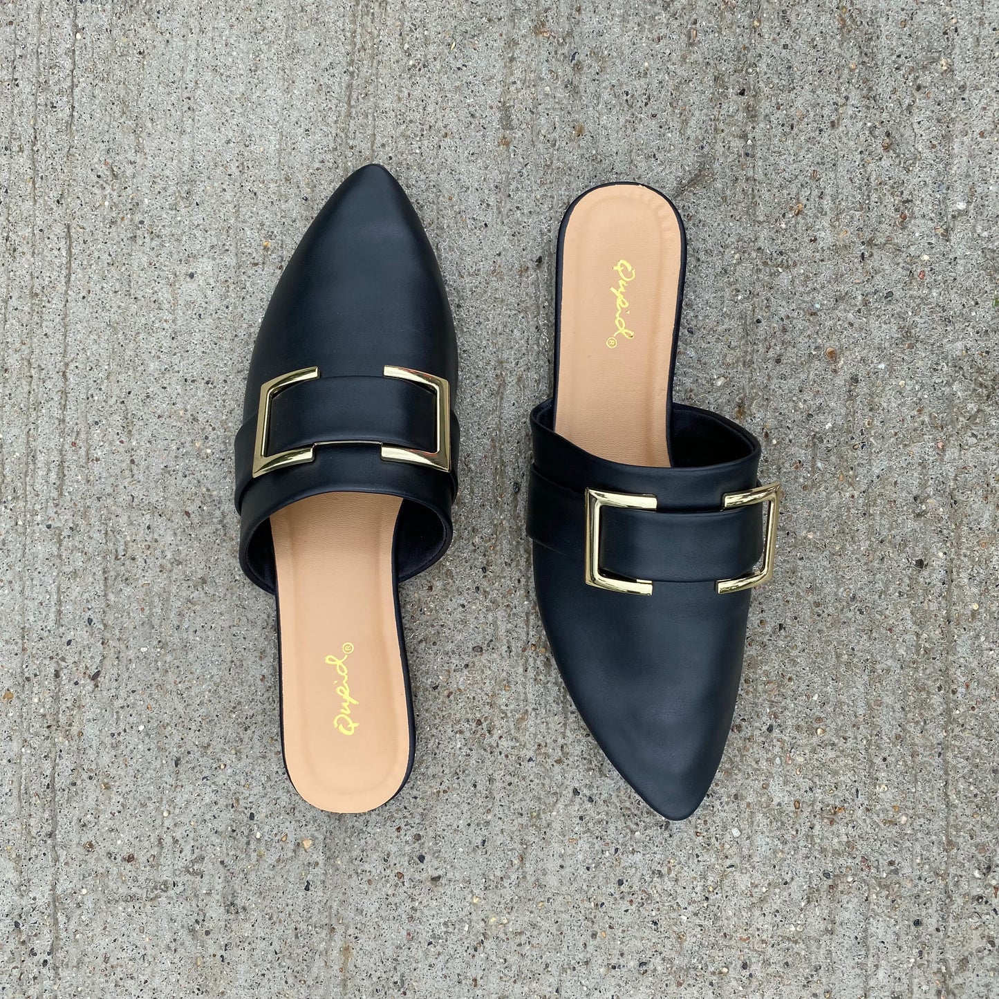 Black Flat Mules with Buckle Detail
