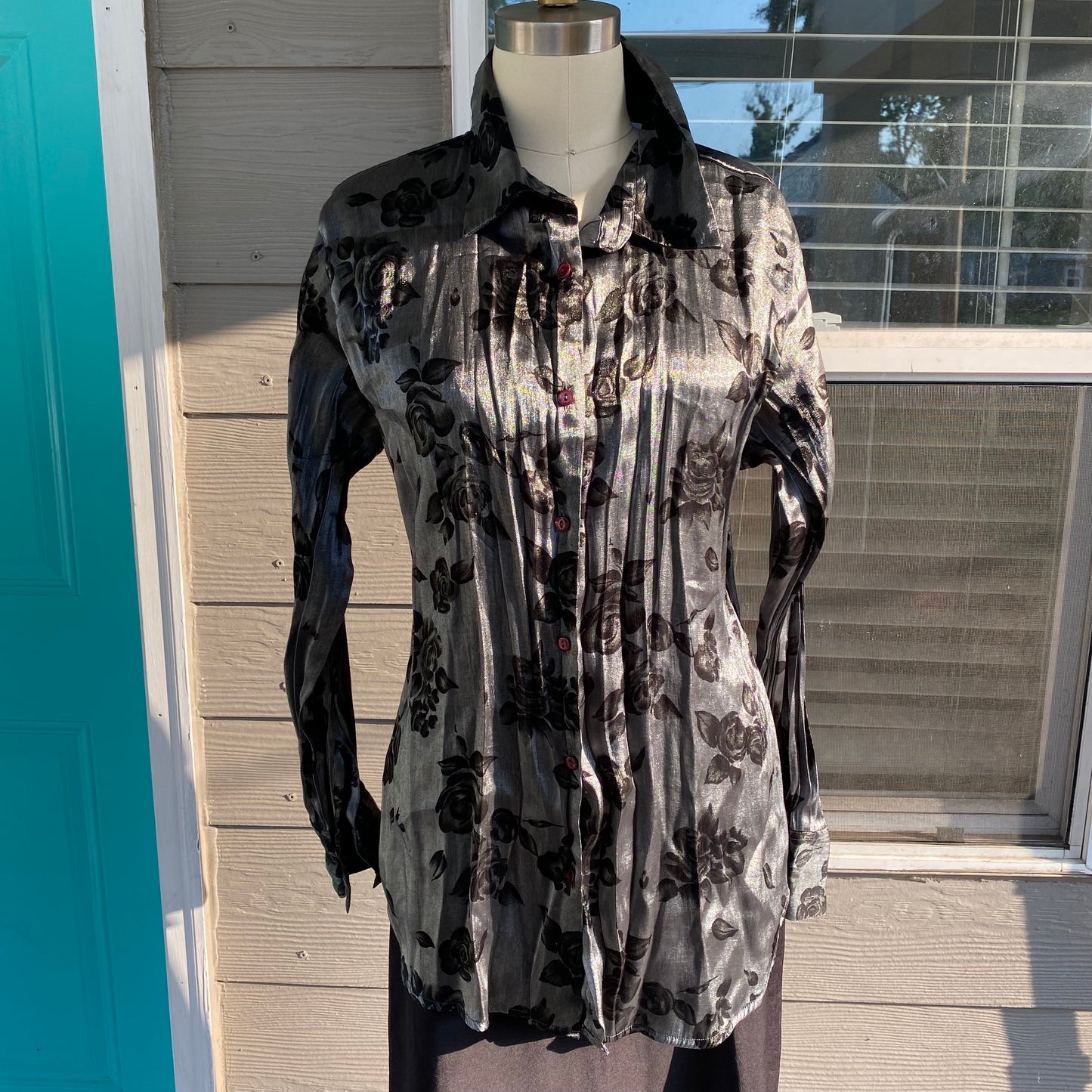 Silver and Black Silk Button Up