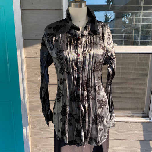 Silver and Black Silk Button Up