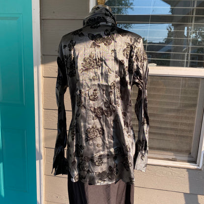 Silver and Black Silk Button Up