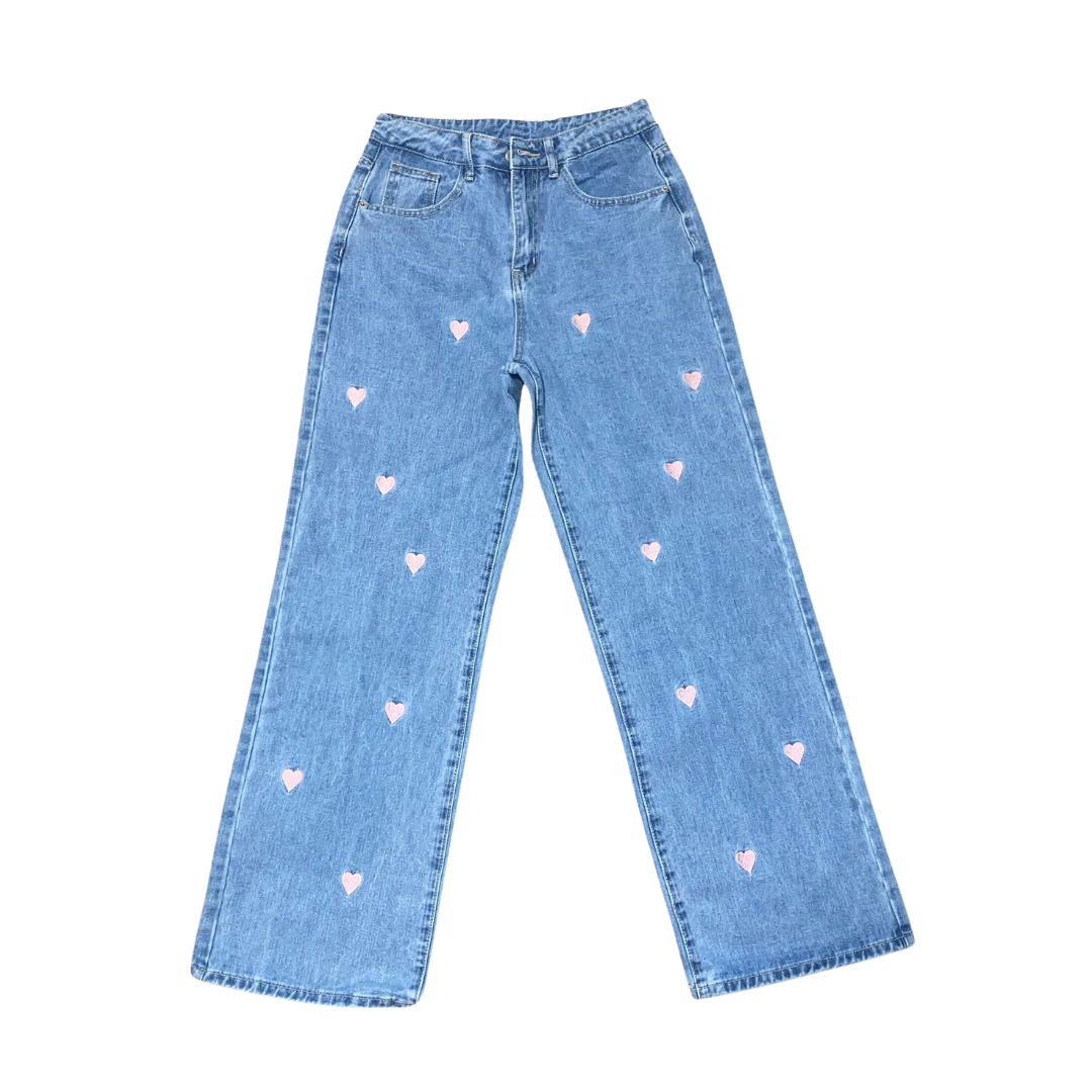 Pink Heart Embroidered Denim Jeans