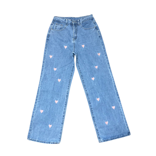Pink Heart Embroidered Denim Jeans