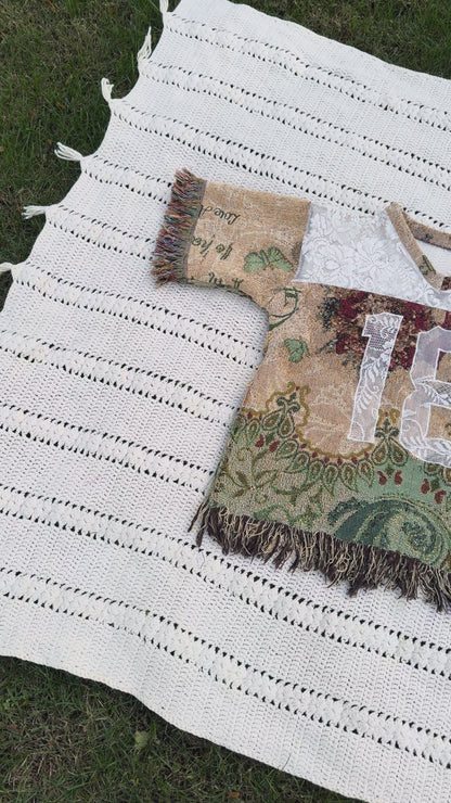 Green Floral Upcycled Tapestry Jersey Size Medium Oversize